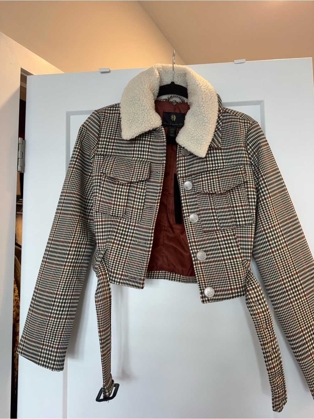House of Harlow Checked Cropped Teddy Collar Jacket in Brown & Cream